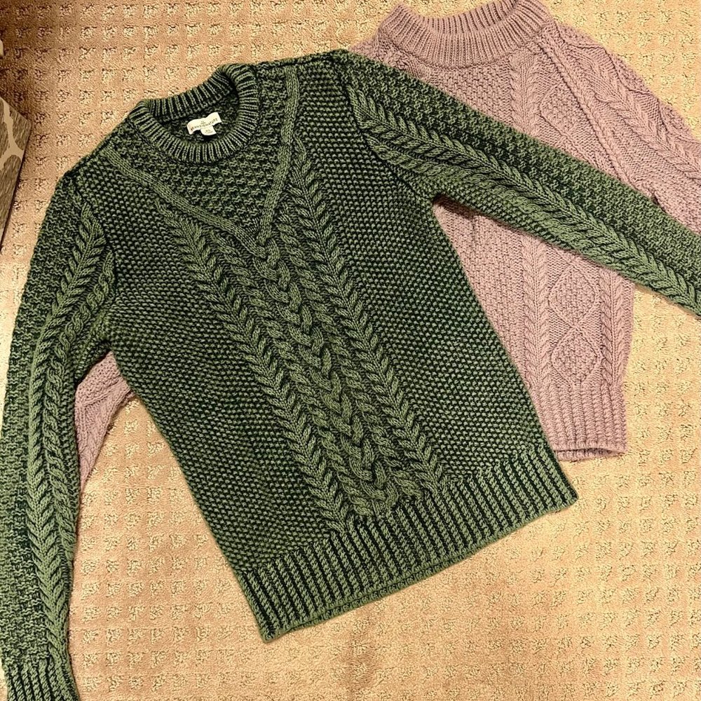Pair of L.L Bean Cable Knit Fisherman's Crewneck Sweaters, Lavender and Green XS
